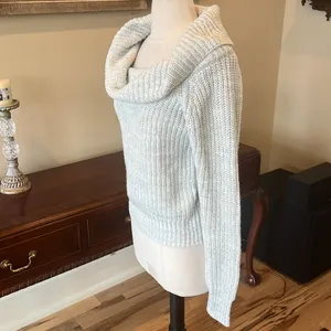 Oversized Cowl Drape Neck Light Gray Crochet Sweater Size XS thumbnail 7