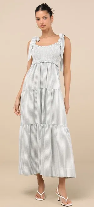 NWT Lulus Bembe Sage Striped Tie-Strap Tiered Maxi Dress Smocked Beachy Size XL thumbnail 1