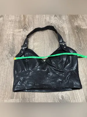 NWOT Halara Shiny Dusty Black SoftlyZero Faux Leather Halter Cropped Tank Top thumbnail 7