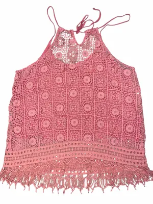 Rue 21 Pink Crochet Fringe Tank Top Boho Festival Beach Cami Lined L thumbnail 6