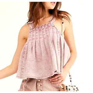 Free People Marina Denim Babydoll Crop Top Distressed Purple XL thumbnail 2