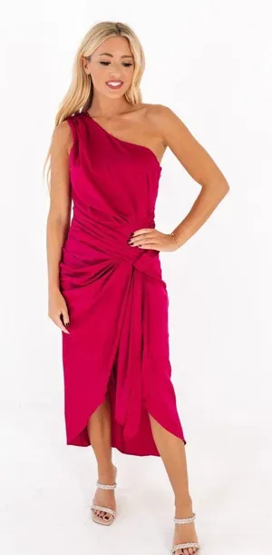 One Shoulder Waist Tie Satin Dress thumbnail 1