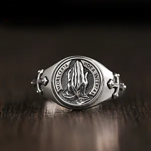 925 Silver Plated Adjustable Cross Praying Hands Ring for Men Women,Punk Hip Hop thumbnail 1