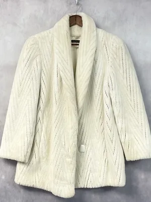Vintage Womens Faux Fur Coat L/XL? Cream Chevron Shawl Collar Mobwife Glam USA thumbnail 1