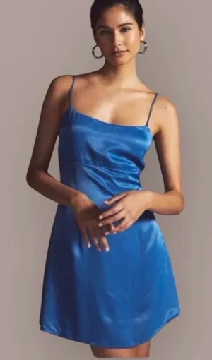 Anthropologie Satin Mini Dress Blue Open Back‎ Cutout Slip Cocktail Size 2 thumbnail 1