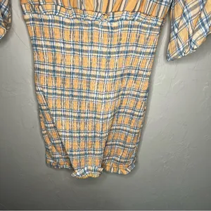 Mable Southern Peach Plaid Deep V Neck Smocked Skirt Puff‎ Sleeve Mini Dress thumbnail 11