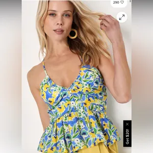 Lulus Artful Allure Blue Multi Floral Sleeveless Peplum Cami Top Medium thumbnail 3
