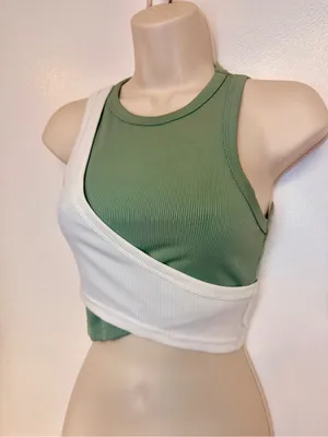 Fresral Ribbed Colorblock Wrap Crop Tank Top Sage Green White Size Small S thumbnail 4