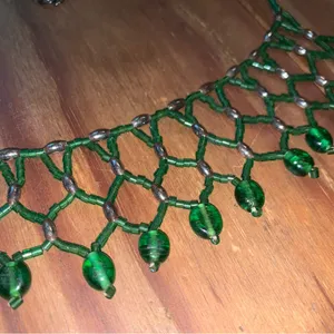 Green Beaded Statement Bib Necklace, Vintage Art Nouveau Summer Spring Jewelry thumbnail 2