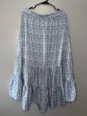 FASHION Floral Tiered Maxi Skirt Blue Boho Cottagecore Cottage Elastic Waist L thumbnail 2