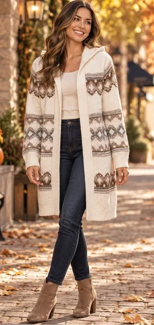 ABERCROMBIE & FITCH Fair Isle Hooded Long Cardigan Sweater Cream Fairisle XS thumbnail 1