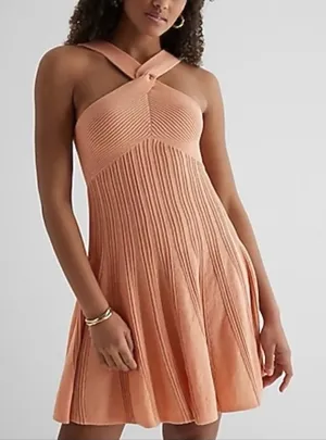 Express women’s Peach Halter Neck Cross Front shimmer Sweater Dress XSmall nwt thumbnail 1