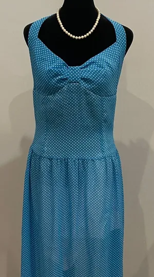 Blue Polka Dot Sleeveless Midi Dress with retro looks ties in back thumbnail 1