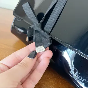 Dior • black patent leather cosmetic bag clutch pouch makeup case ribbon tie thumbnail 4
