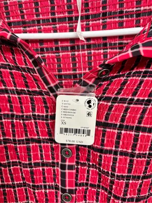 NWT Free People Red Plaid Smocked Button-Front Long Sleeve Top (Size XS) thumbnail 5