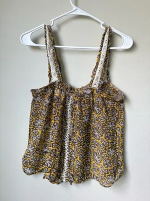 Anthropologie Floral Lace Trim Tank Top Yellow Brown Size 2 thumbnail 2