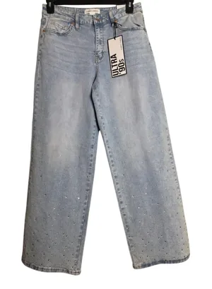 NWT Almost Famous 90s Jeans Juniors 11 Light Wash Sparkle Wide Leg Flare Baggy thumbnail 1