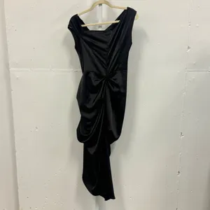 PrettyLittleThing Black Satin Off The Shoulder Draped Skirt Midi Dress Slit Sz 8 thumbnail 4
