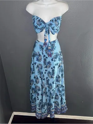 Lulus Women’s Strapless Matching Set Tube Top Bell Pants Blue Jumpsuit Medium thumbnail 3