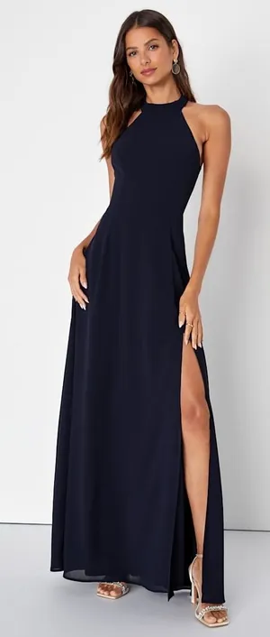Lulus Confidently Charismatic Navy Blue Backless Halter Maxi Dress Large NWT thumbnail 1