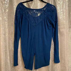 Free People navy blue mesh/lace split back long sleeve tunic style top, S thumbnail 3