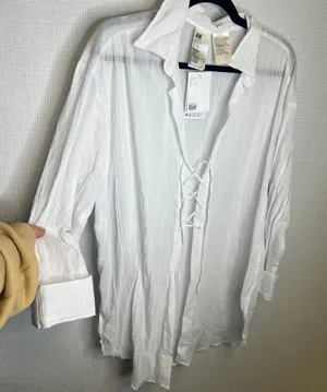 HM White Lace Up Cotton Gauze Shirt Oversized Long Sleeve Top Small NEW thumbnail 1