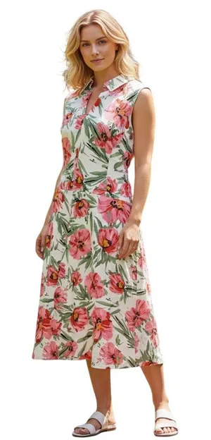 Tahari Floral Midi Dress Womens 12 Pink New Sleeveless Linen Blend Collared‎ thumbnail 1