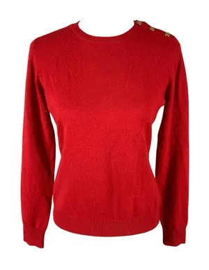 Lauren Ralph Lauren Red Cashmere‎ Sweater Gold Shoulder Buttons Pullover MP thumbnail 1
