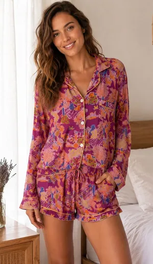 Roller Rabbit Floral Bunny Pajama Set Long Sleeve Shorts READ Womens Medium thumbnail 1