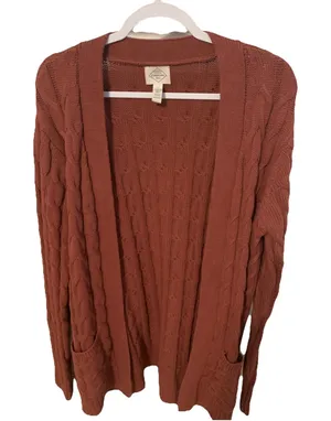 St Johns Bay Cardigan Womens Open Knit Sweater Front Pockets Cotton Brown thumbnail 1