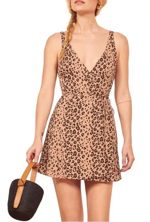 Reformation Anchorage Tan Leopard Print V-Neck Wrap Mini Dress MEDIUM in Feline thumbnail 1