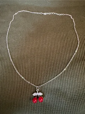 Silver Chain Necklace with Red Cherry Pendant thumbnail 1