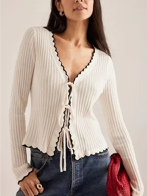 Anthropologie ribbed knit long-sleeve tie-front cardigan Ivory with black trim thumbnail 1