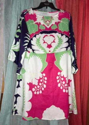 MISSLOOK Pink Floral Midi Dress with Green & Navy Accents thumbnail 1