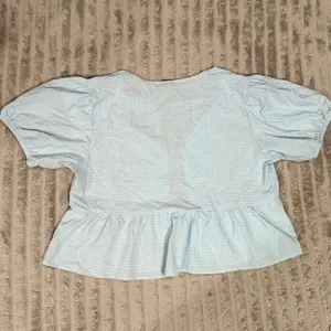 Wild Fable Blue Gingham Tie Front Peplum Puff Sleeve Top Womens Medium thumbnail 6