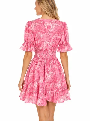 Lilbelle Pink Floral Smocked Waist Mini Dress Ruffle Sleeve Small thumbnail 2