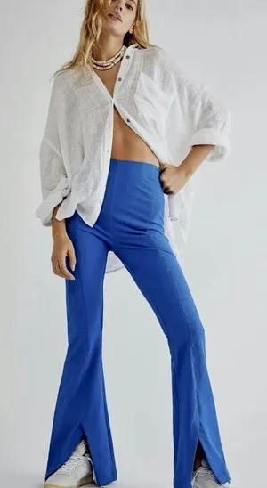 NWT! FREE PEOPLE Real Deal Split Flare Pants Blue High Rise Waist Stretch Medium thumbnail 1