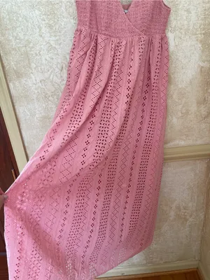 Maison Amory Maternity Sleeveless Eyelet Maxi Dress Pink Cotton Crocheted Sz S thumbnail 6