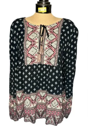 Artesia Boho Long Sleeve Floral Empire Waist Top Black Pink Size XL thumbnail 1