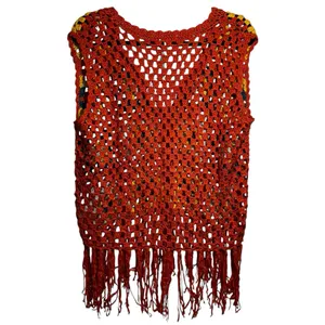 UMGEE Orange Crocheted Squares Sleeveless Cardigan‎ Large Grannycore Boho Fringe thumbnail 2