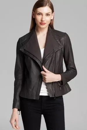 Elie Tahari Jeanette Drape Front Leather Jacket Small thumbnail 1