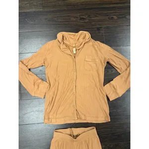 SKIMS Soft Lounge Pajama Set XXS Camel Tan Ribbed Button Up Wide Leg Pants thumbnail 3