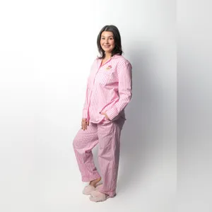 Bon‎ Artis Pink Striped Cat Embroidery Pajama Set 100% Cotton Women’s Size 1 thumbnail 2