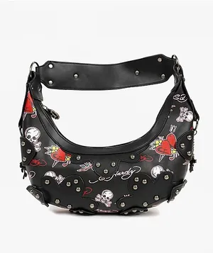 🔥 NWT Ed Hardy Y2K Tattoo Print Studded Hobo Bag Black 🖤 thumbnail 7