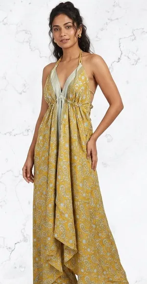 OCEAN BLUE APPAREL Halter Maxi Dress Boho Bohemian Paisley Shimmer Open Back thumbnail 1