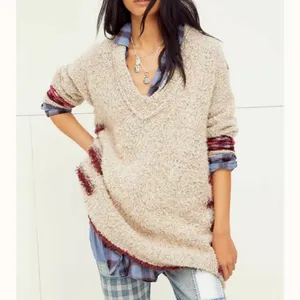 Free People Cloud Oversized Tunic Sweater V Neck Grey Tan Red Pink Size XS thumbnail 3