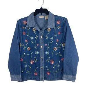 VTG 90s Bobbie Brooks Embroidered Floral Mixed Denim Shirt Button Up L Boho thumbnail 1