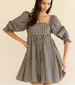 Gingham Puff Sleeve Mini Dress Brown Size M thumbnail 1