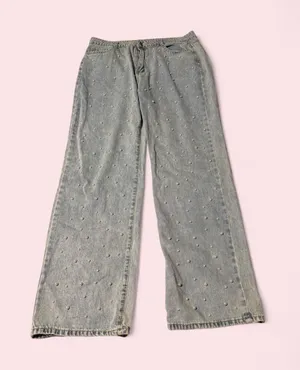 Boutique Embellished Pearl Wide-Leg Women's Jeans in Light Wash Denim thumbnail 1