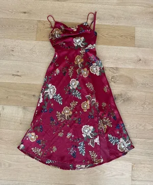 Petal + Pup - Doriah Floral Satin Midi Dress in Red Gold & Green thumbnail 1